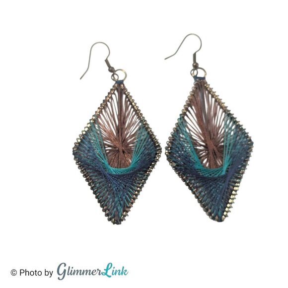 Teal Blue & Brown Diamond Shaped Threaded Long Dangle Earrings - Picture 4 of 7